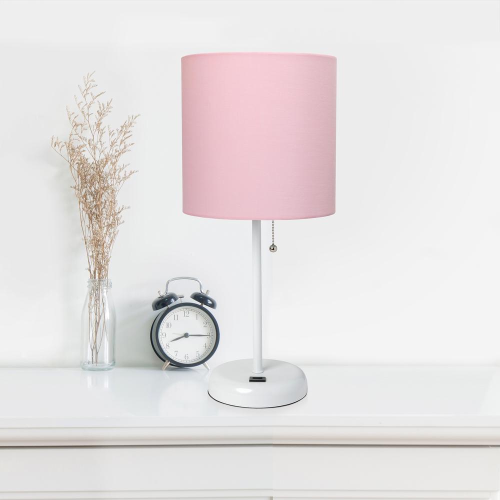 Simple Designs White Stick Lamp with USB charging port and Fabric Shade, Light Pink