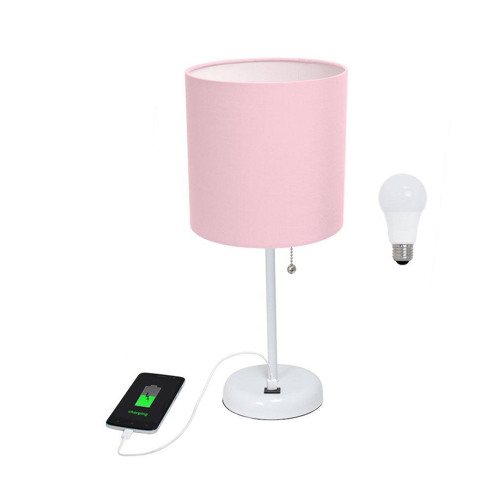 19.5" White Stick Table Desk Lamp with USB Charging Port and Drum Fabric Shade. Picture 1