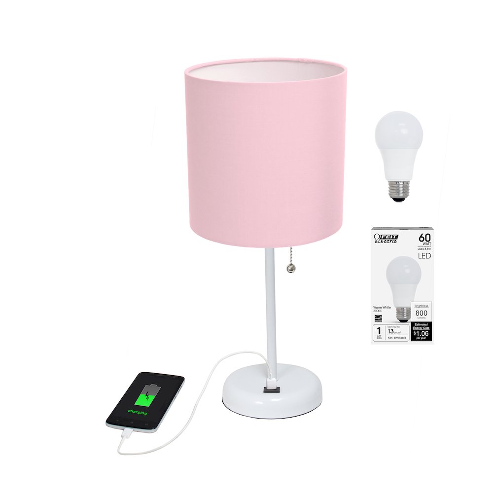 19.5" White Stick Table Desk Lamp with USB Charging Port and Drum Fabric Shade. Picture 2