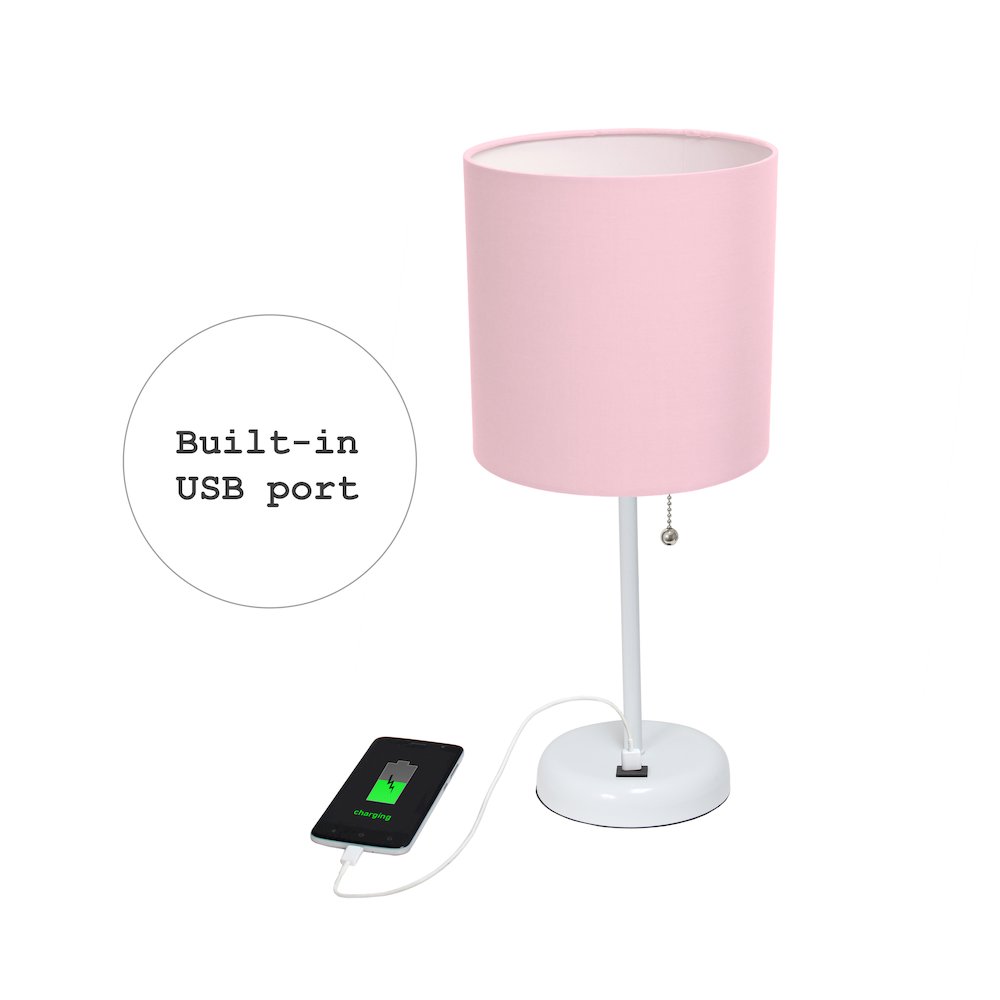 19.5" White Stick Table Desk Lamp with USB Charging Port and Drum Fabric Shade. Picture 8