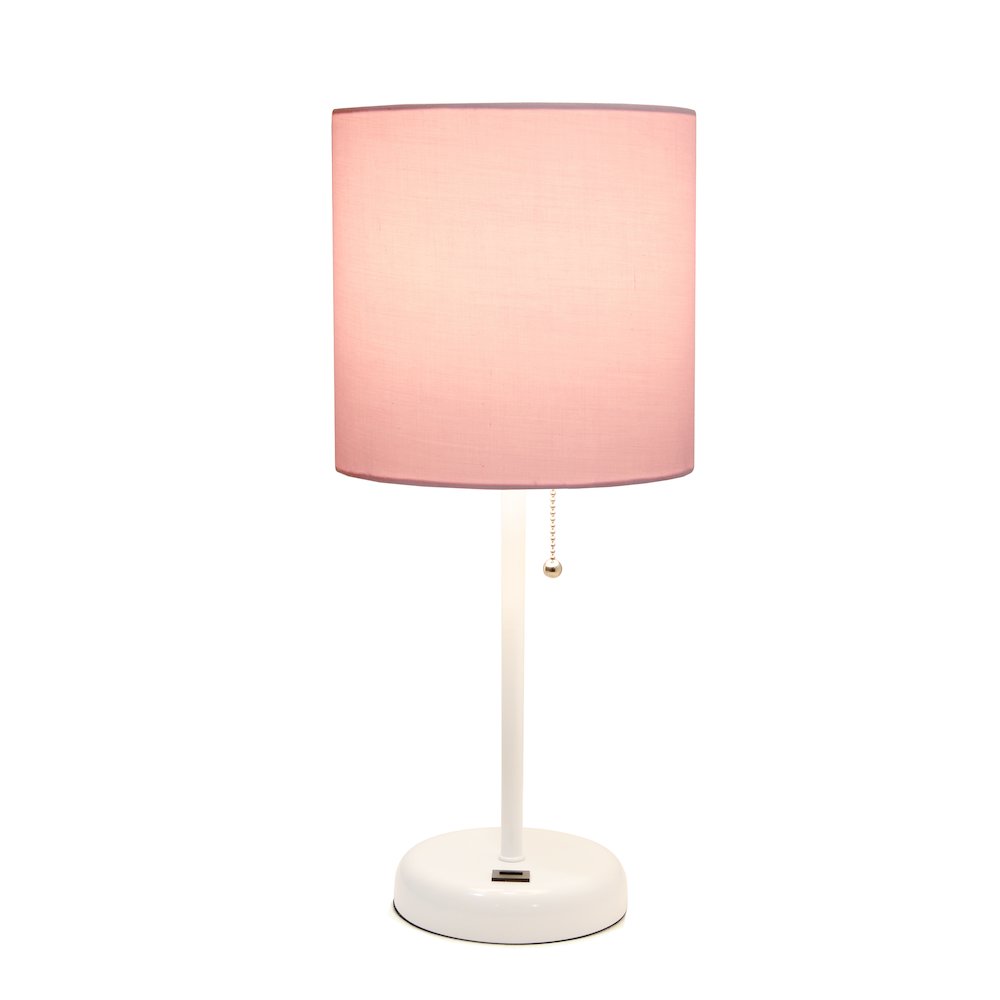 19.5" White Stick Table Desk Lamp with USB Charging Port and Drum Fabric Shade. Picture 11