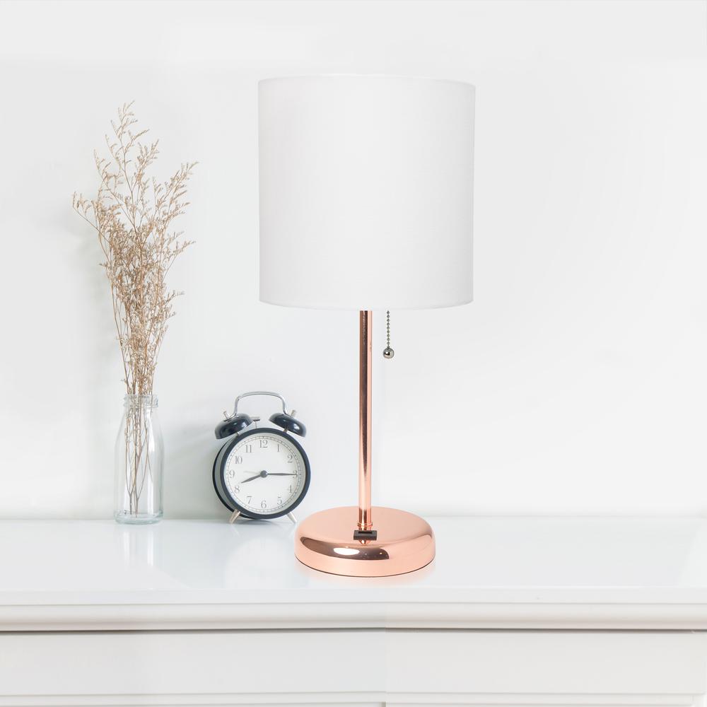 Simple Designs Rose Gold Stick Lamp with USB charging port and Fabric Shade, White