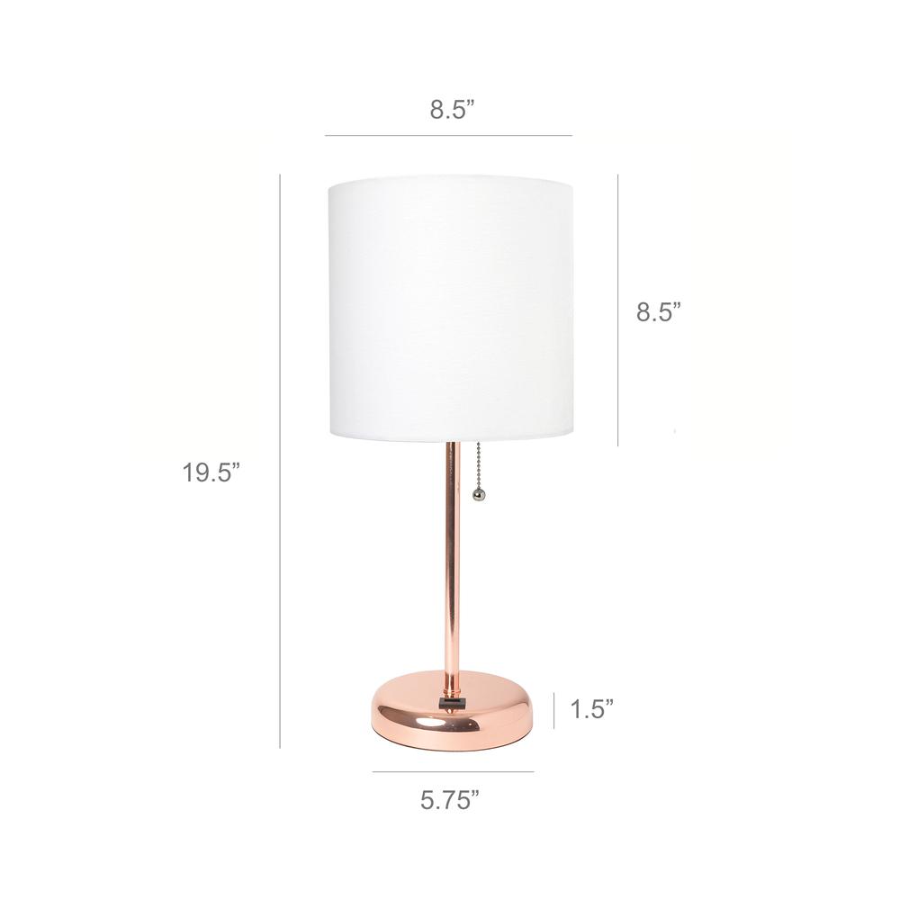 Rose Gold Stick Lamp with USB charging port and Fabric Shade, White. Picture 5