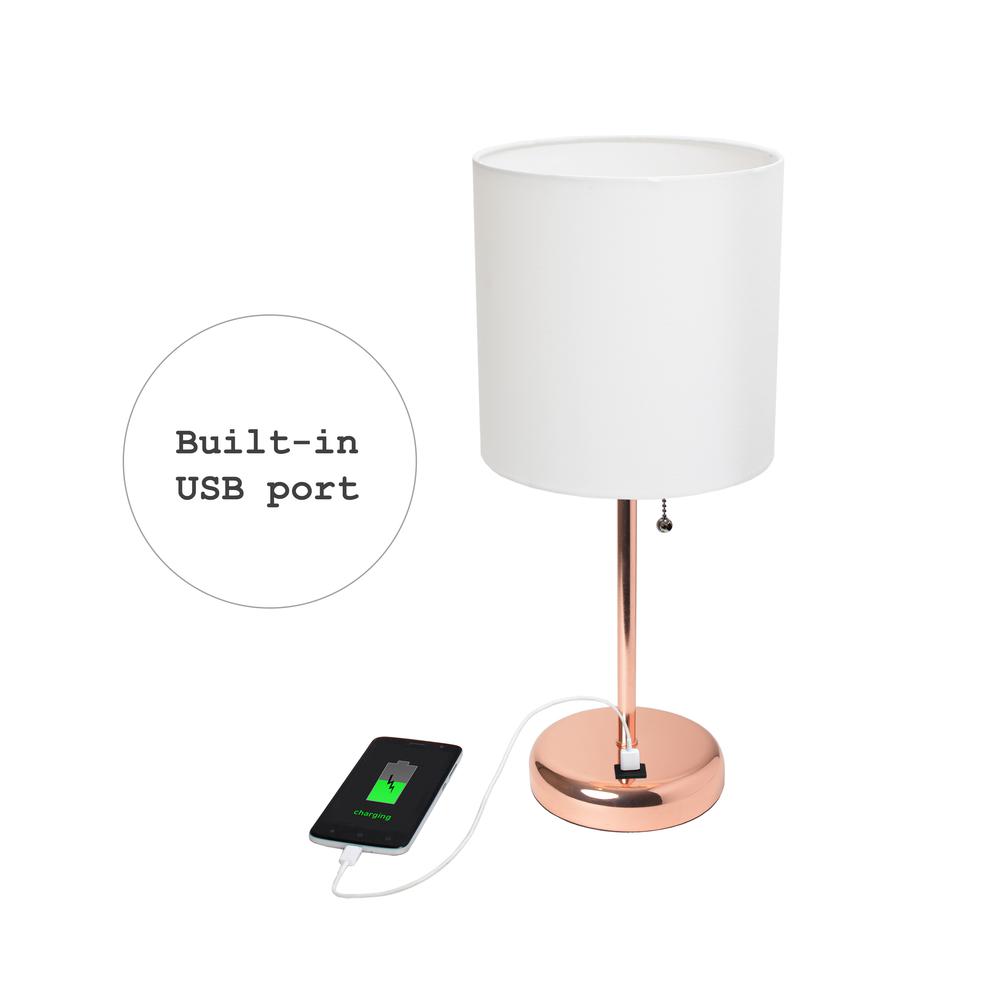 Rose Gold Stick Lamp with USB charging port and Fabric Shade, White. Picture 6