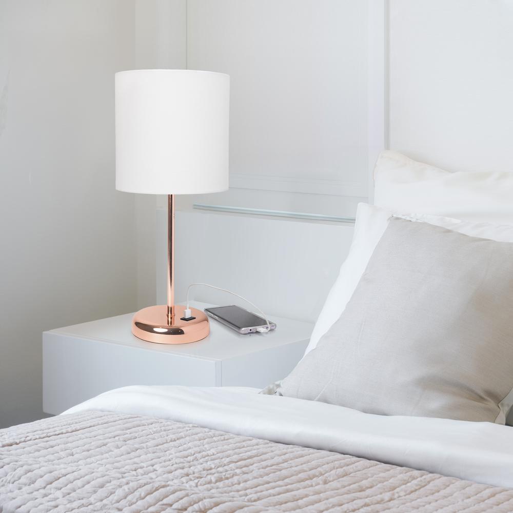 Rose Gold Stick Lamp with USB charging port and Fabric Shade, White. Picture 7