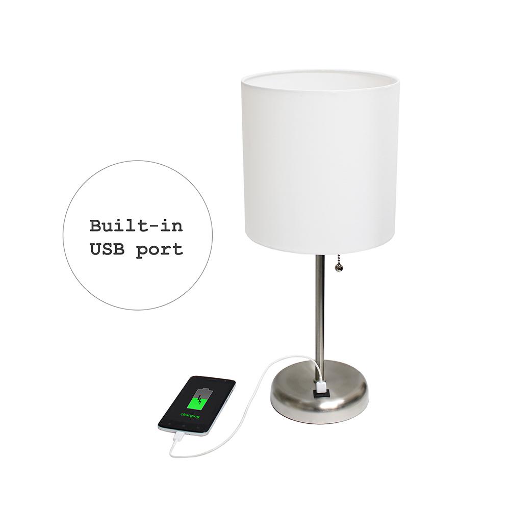 Stick Lamp with USB charging port and Fabric Shade, White. Picture 6