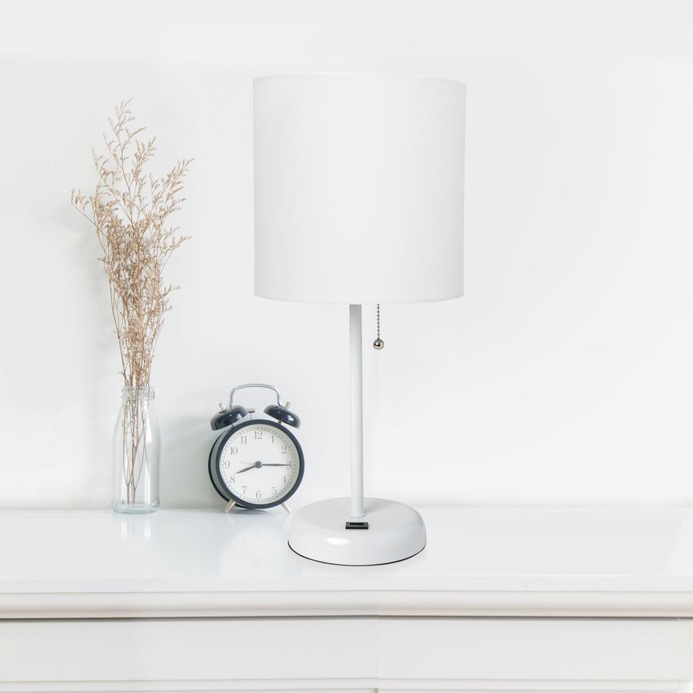 White Stick Lamp with USB charging port and Fabric Shade, White. Picture 2