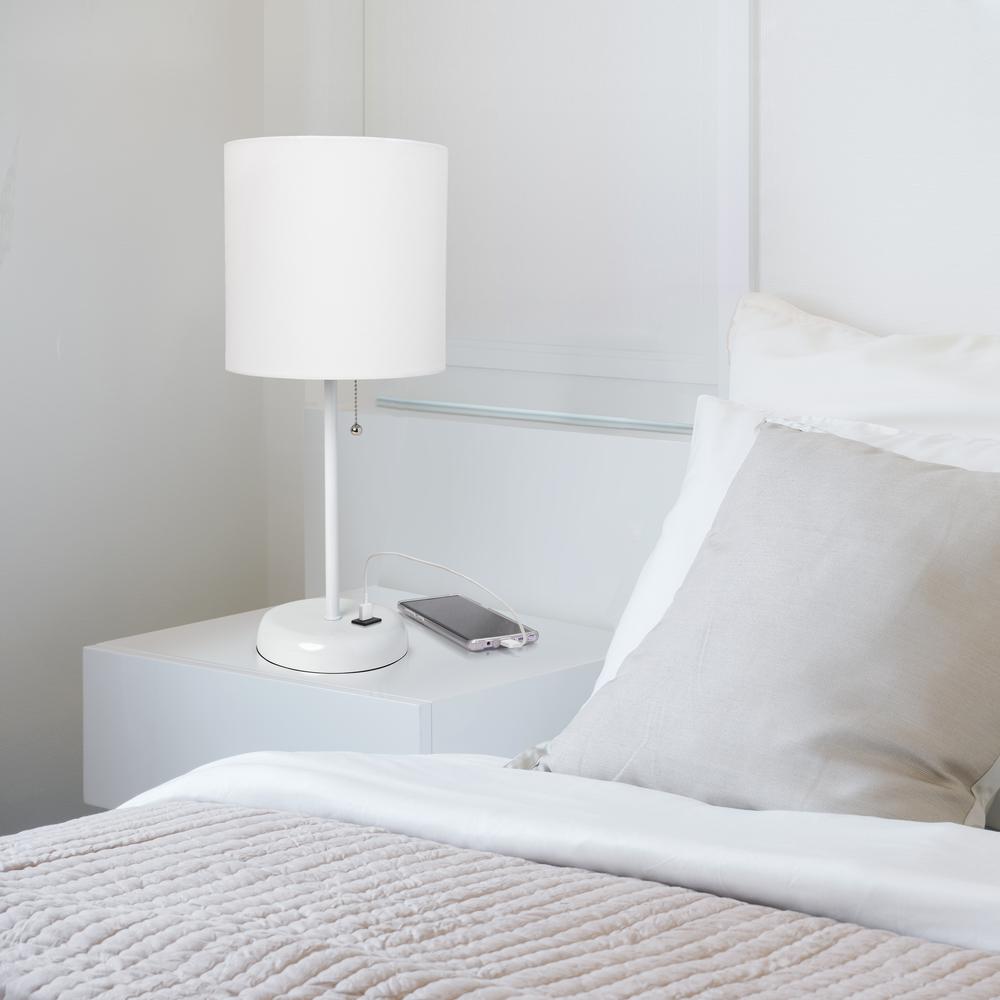 White Stick Lamp with USB charging port and Fabric Shade, White. Picture 7