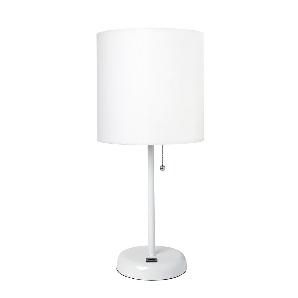 White Stick Lamp with USB charging port and Fabric Shade, White. Picture 8
