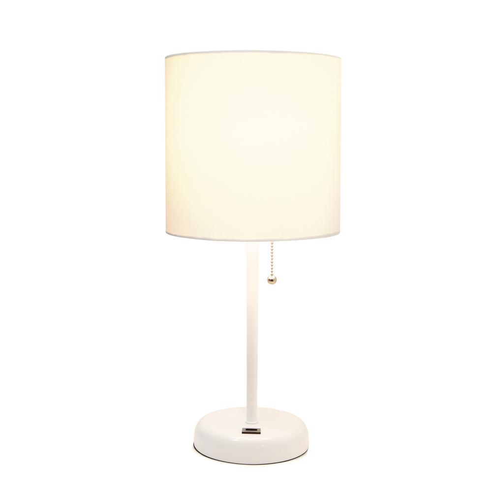 White Stick Lamp with USB charging port and Fabric Shade, White. Picture 9