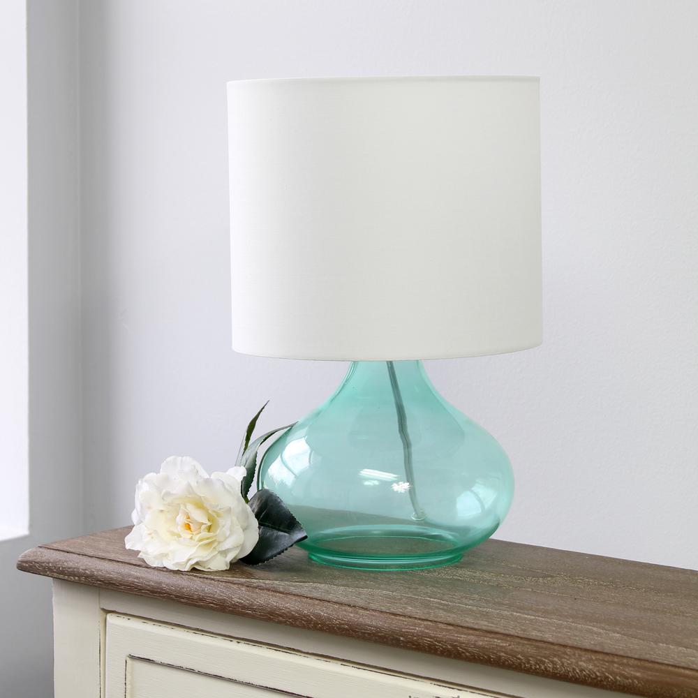 Glass Raindrop Table Lamp with Fabric Shade, Aqua with White Shade. Picture 2