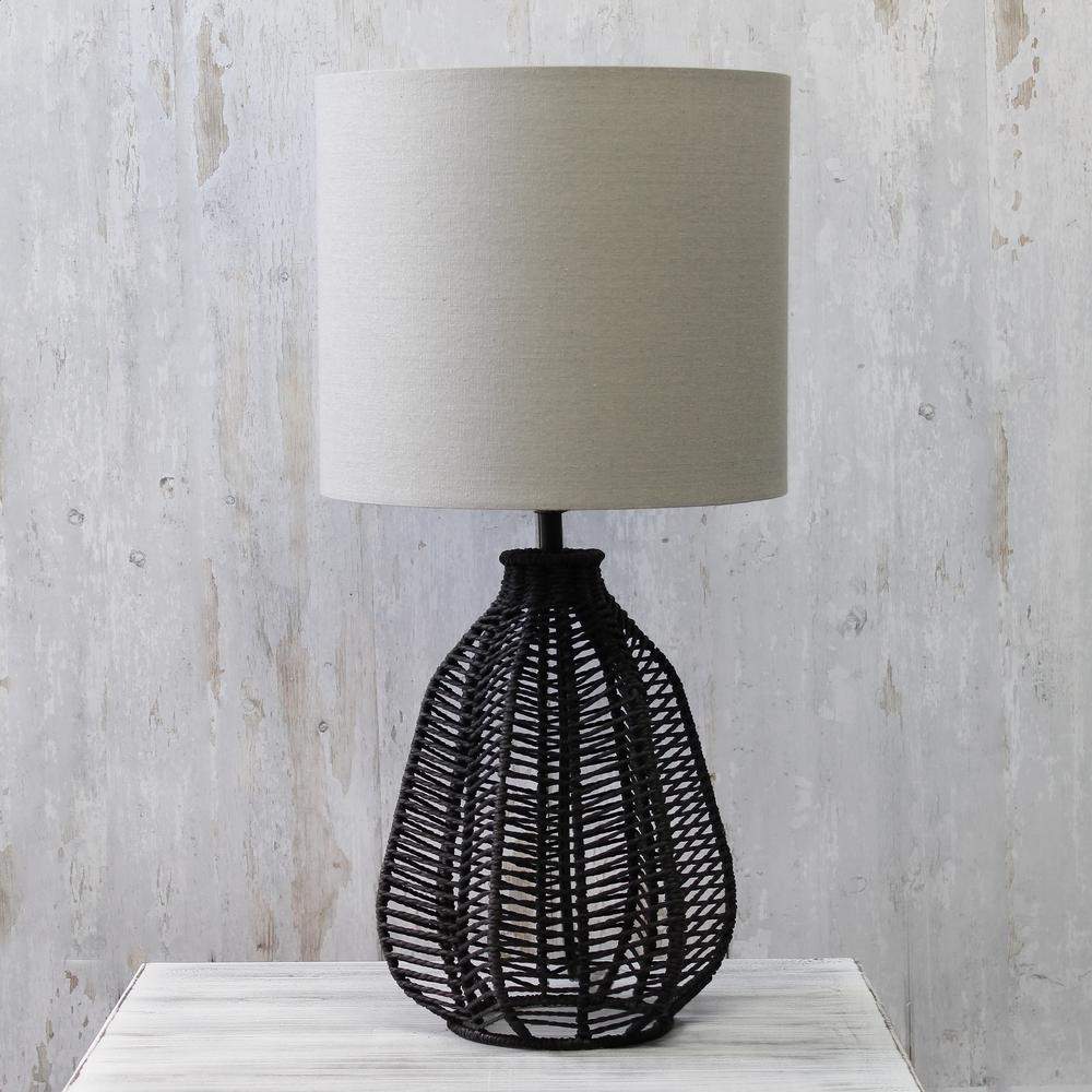 21" Tall Boho Coastal Paper Rope Rattan Lamp with Light Gray Fabric Linen, Black. Picture 2