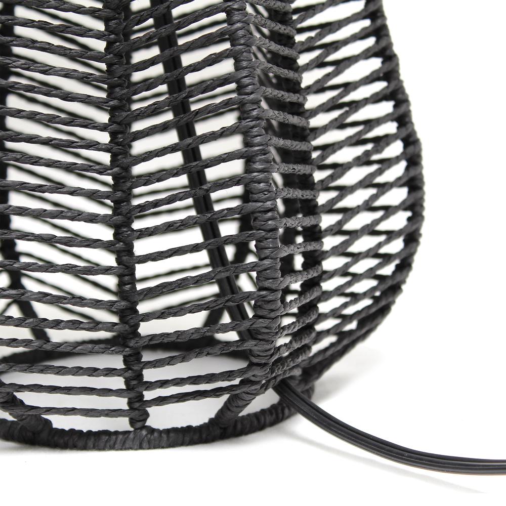 21" Tall Boho Coastal Paper Rope Rattan Lamp with Light Gray Fabric Linen, Black. Picture 4