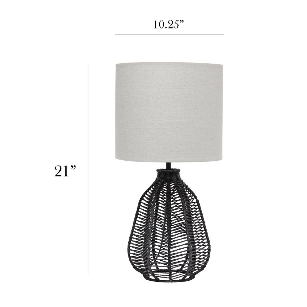 21" Tall Boho Coastal Paper Rope Rattan Lamp with Light Gray Fabric Linen, Black. Picture 5