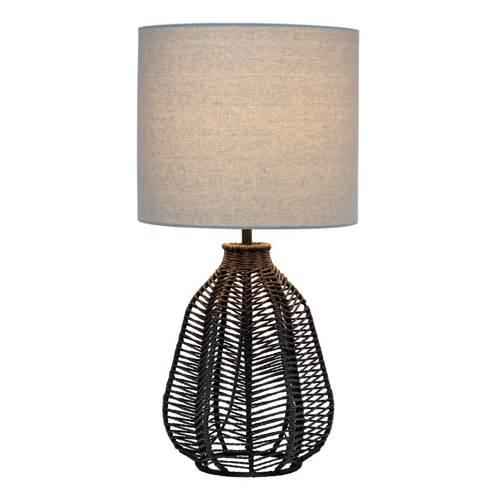 21" Tall Boho Coastal Paper Rope Rattan Lamp with Light Gray Fabric Linen, Black. Picture 1