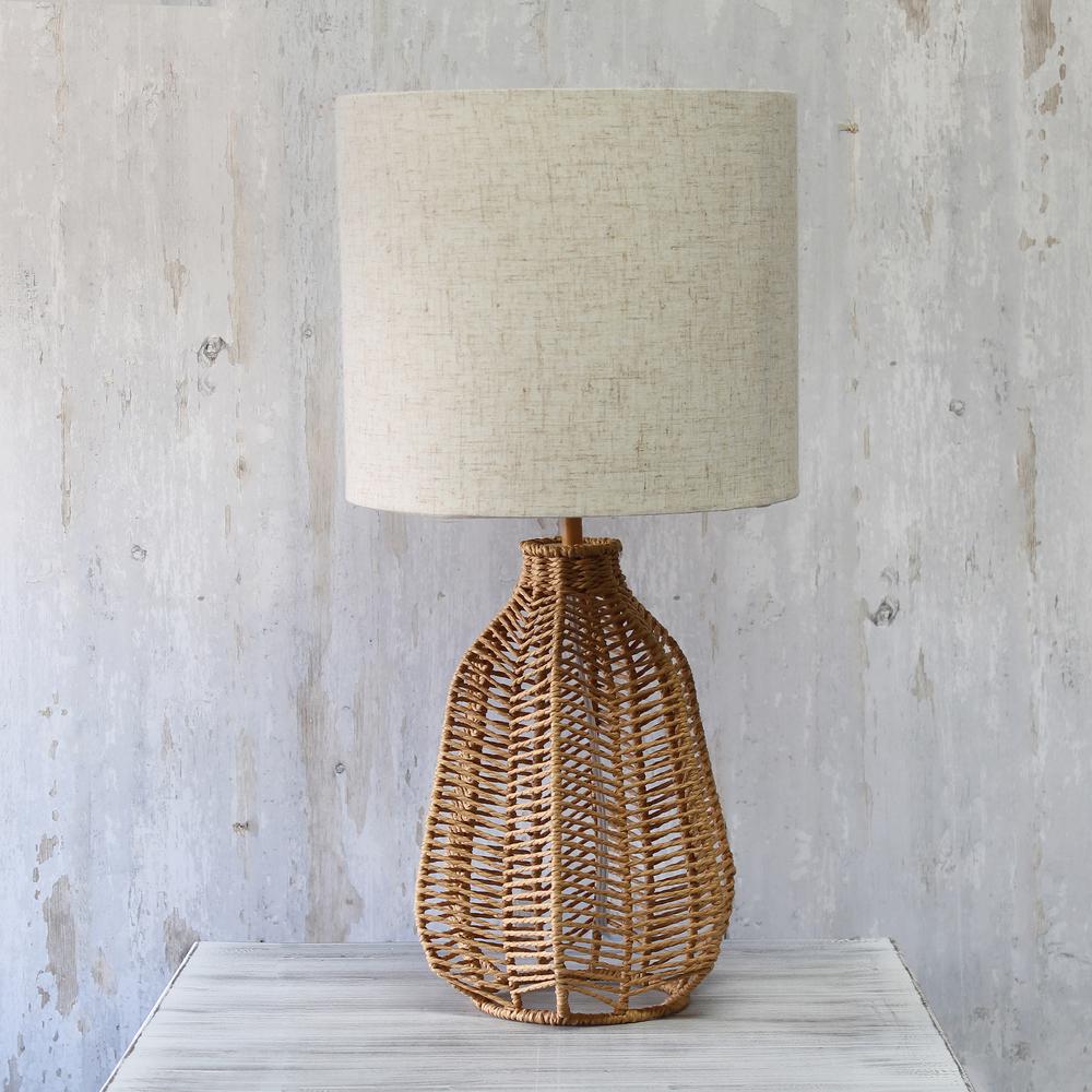 21" Coastal Rustic Paper Rope Rattan Table Lamp with Light Beige Linen, Natural. Picture 2