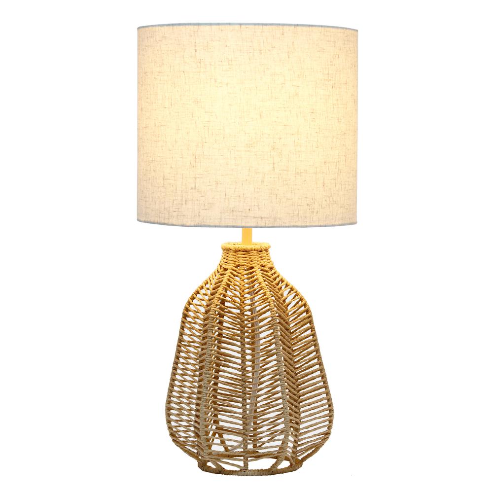 21" Coastal Rustic Paper Rope Rattan Table Lamp with Light Beige Linen, Natural. Picture 1