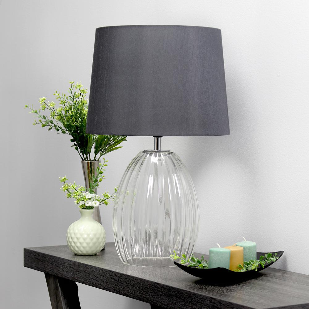 17.63" Ribbed Glass Endtable Bedside Table Desk Lamp with Gray Fabric, Clear. Picture 3