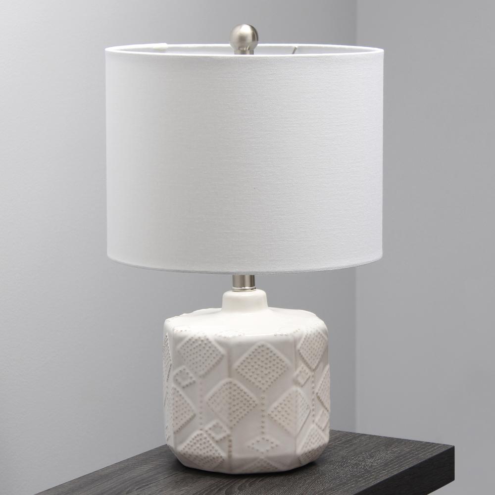 19" Floral Textured Ceramic Bedside Table Desk Lamp with White Fabric, Off White. Picture 2