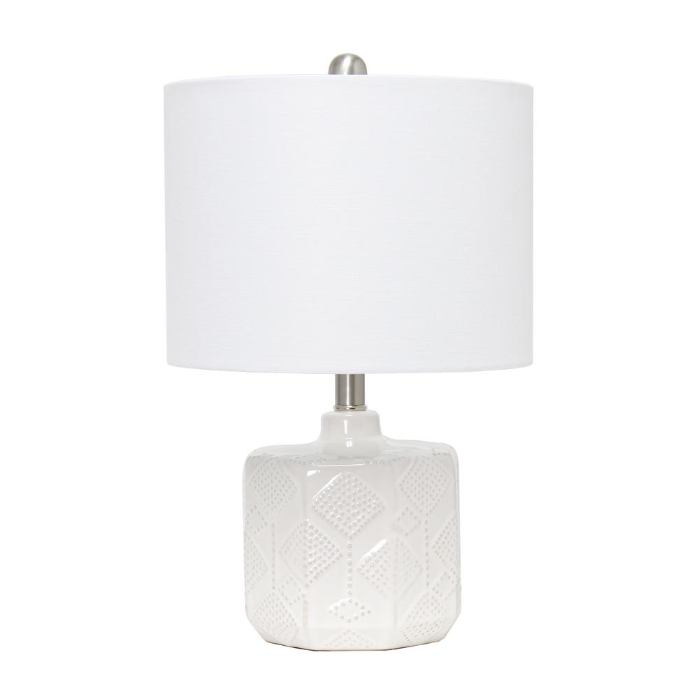 19" Floral Textured Ceramic Bedside Table Desk Lamp with White Fabric, Off White. Picture 7