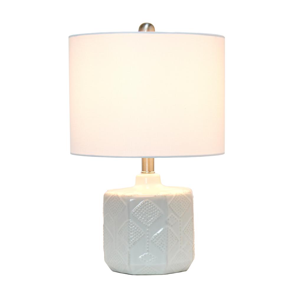 19" Floral Textured Ceramic Bedside Table Desk Lamp with White Fabric, Off White. Picture 1