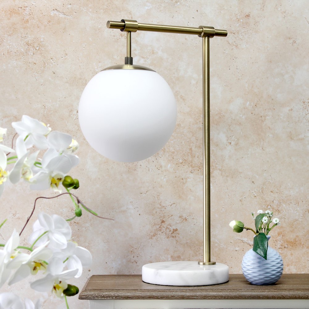 21" White Glass Globe Shade Table Desk Lamp, Antique Brass. Picture 5
