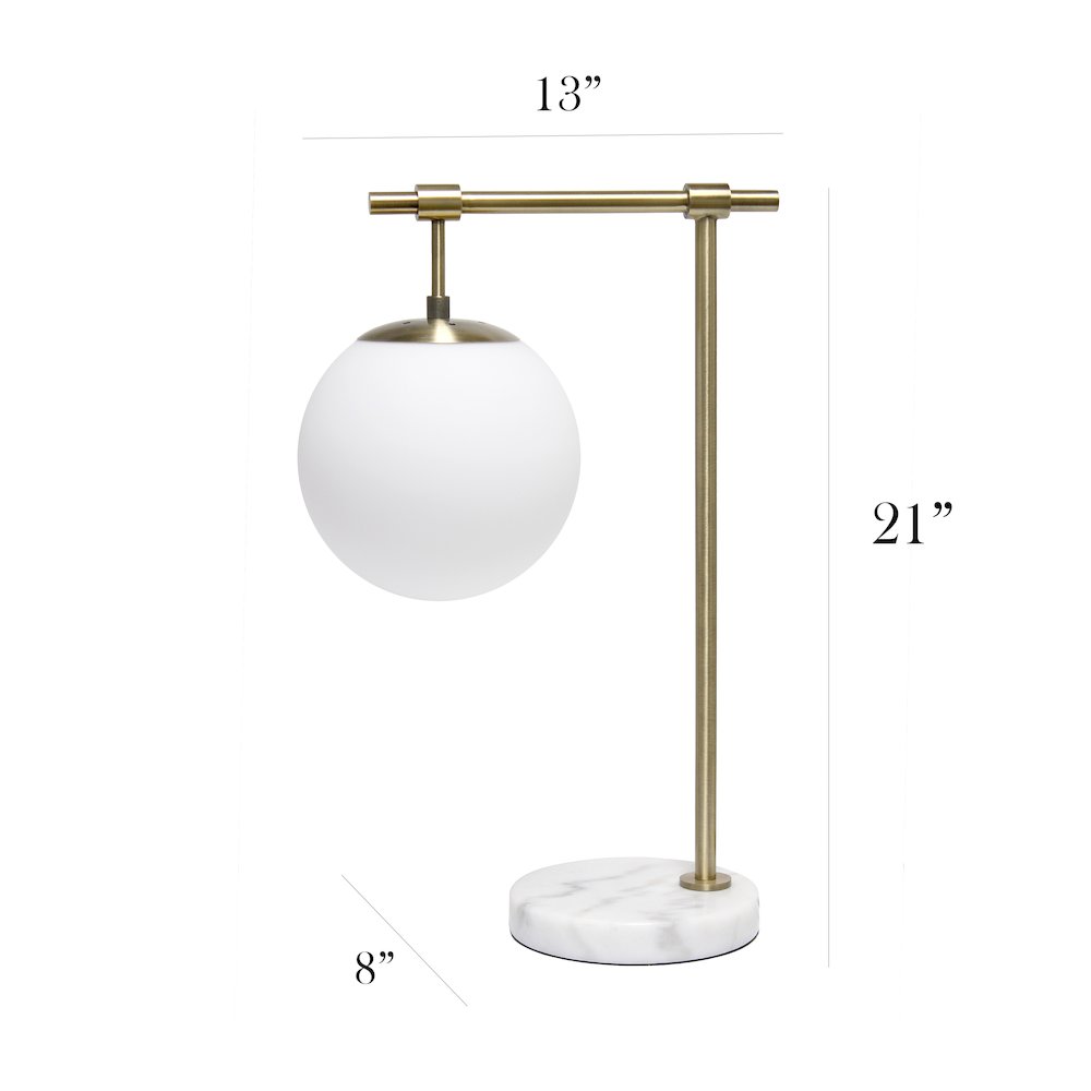 21" White Glass Globe Shade Table Desk Lamp, Antique Brass. Picture 8