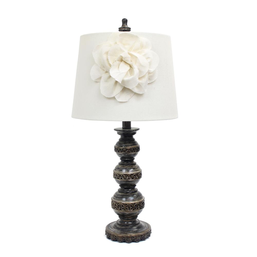 Aged Bronze Stacked Ball Lamp with Couture Linen Flower Shade. Picture 3