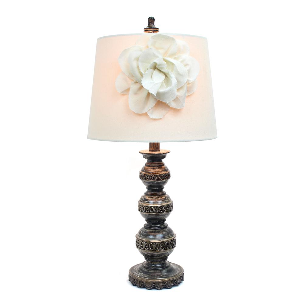 Aged Bronze Stacked Ball Lamp with Couture Linen Flower Shade. Picture 4