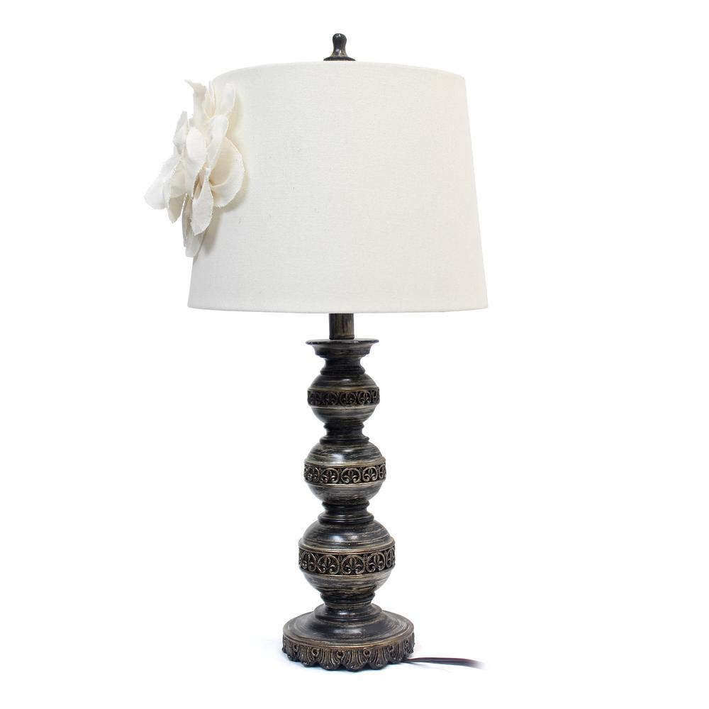Aged Bronze Stacked Ball Lamp with Couture Linen Flower Shade. Picture 5