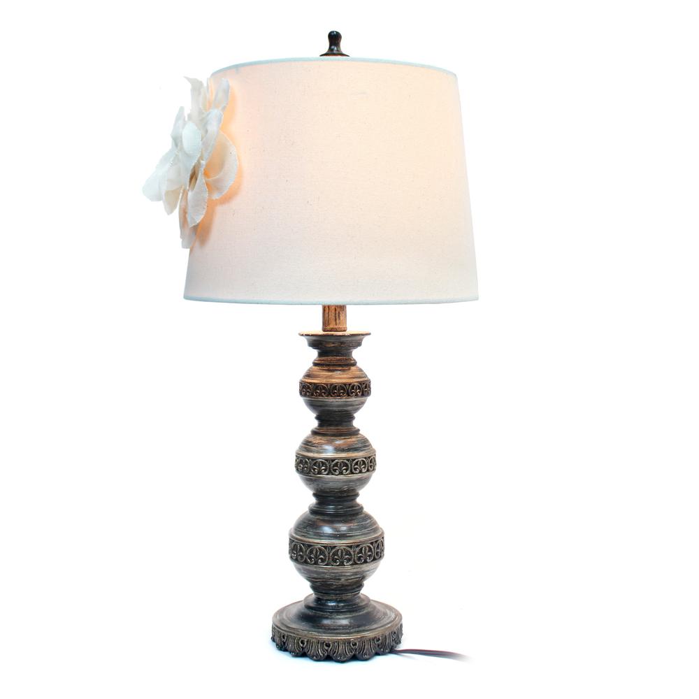 Aged Bronze Stacked Ball Lamp with Couture Linen Flower Shade. Picture 6