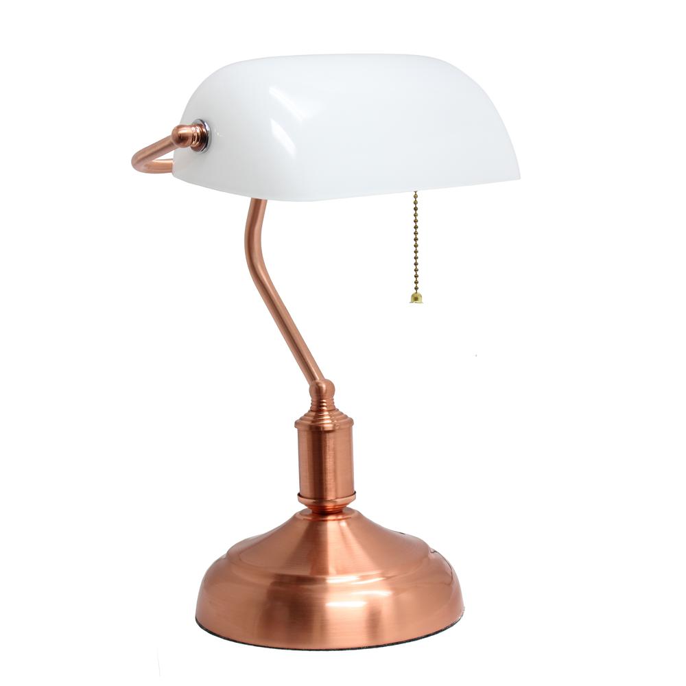 Executive Banker's Desk Lamp with White Glass Shade, Rose Gold. Picture 1