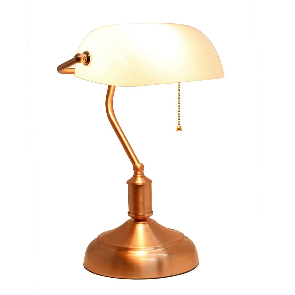 Executive Banker's Desk Lamp with White Glass Shade, Rose Gold. Picture 2