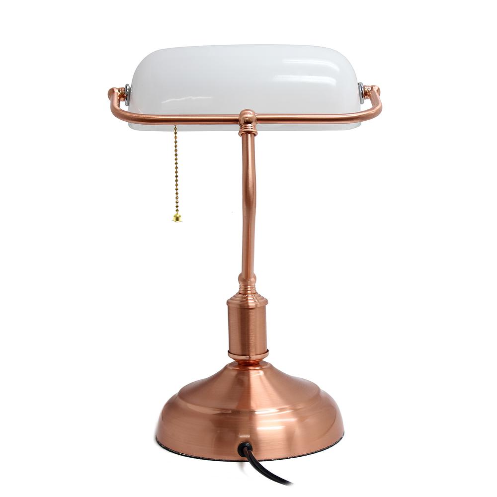 Executive Banker's Desk Lamp with White Glass Shade, Rose Gold. Picture 3