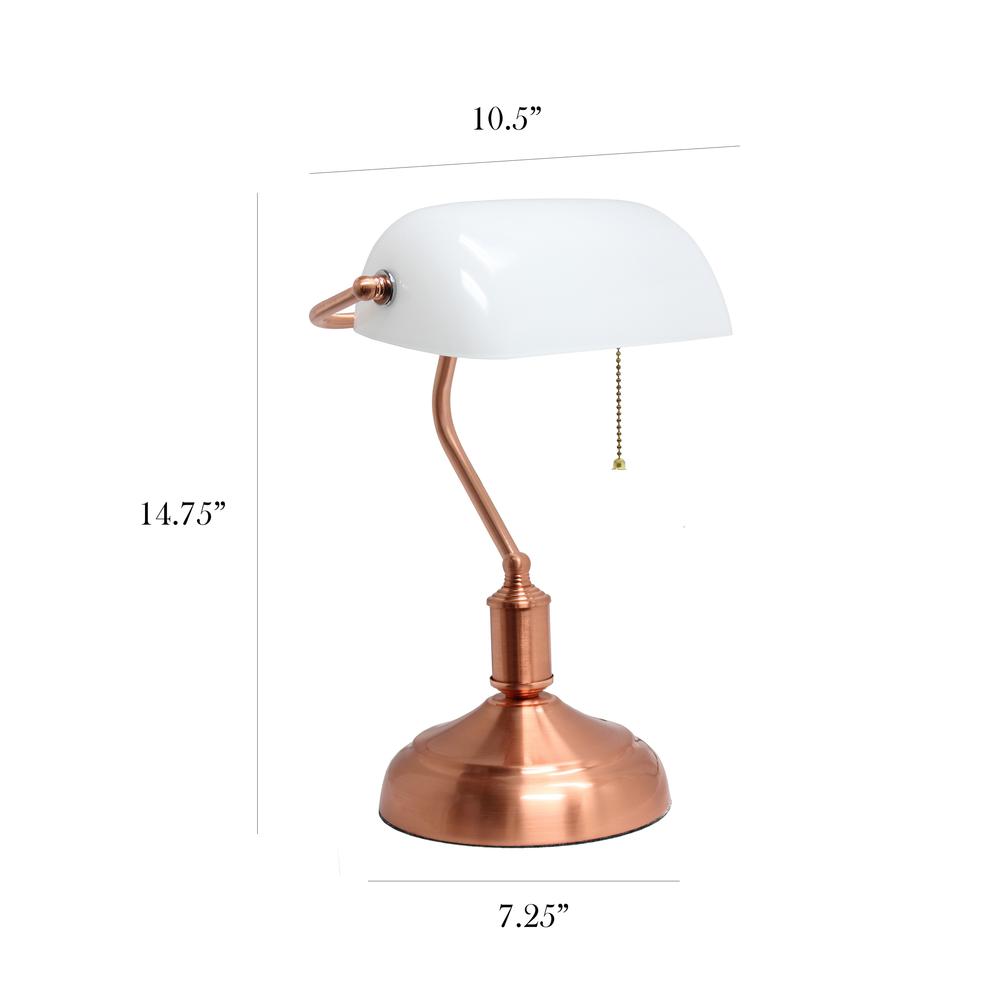 Executive Banker's Desk Lamp with White Glass Shade, Rose Gold. Picture 5