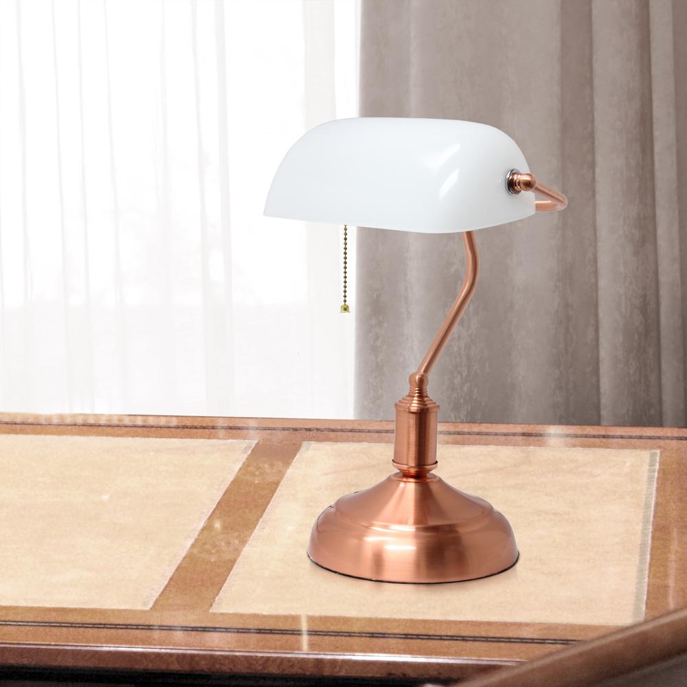 Executive Banker's Desk Lamp with White Glass Shade, Rose Gold. Picture 6