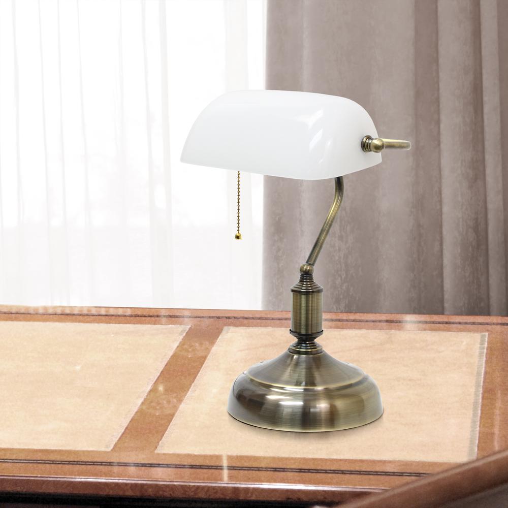 Executive Banker's Desk Lamp with Glass Shade, White. Picture 2