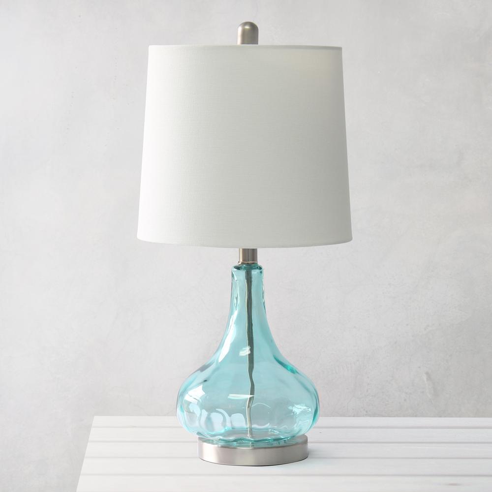 23.25" Modern Dimpled Glass Endtable Bedside Table Lamp, White Fabric Clear Blue. Picture 3