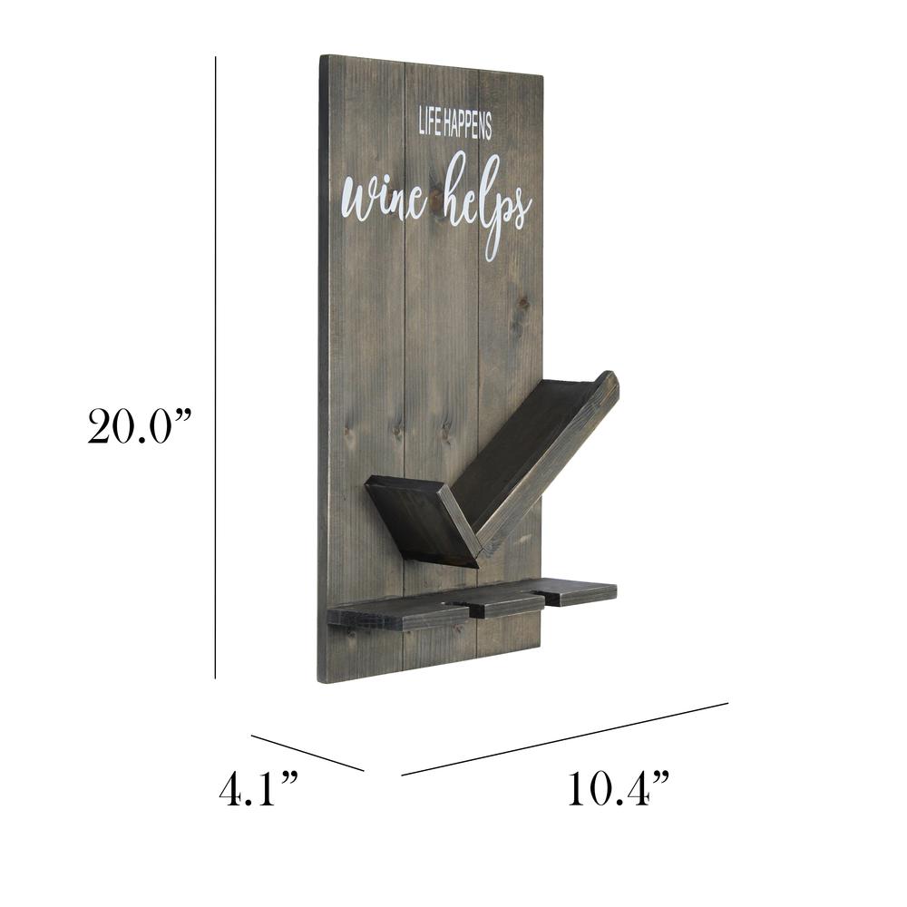 Elegant Designs Lucca Wall Mounted Wooden “Life Happens Wine Helps” Wine Bottle Shelf with Glass Holder, Rustic Gray RUSTIC GRAY. Picture 4