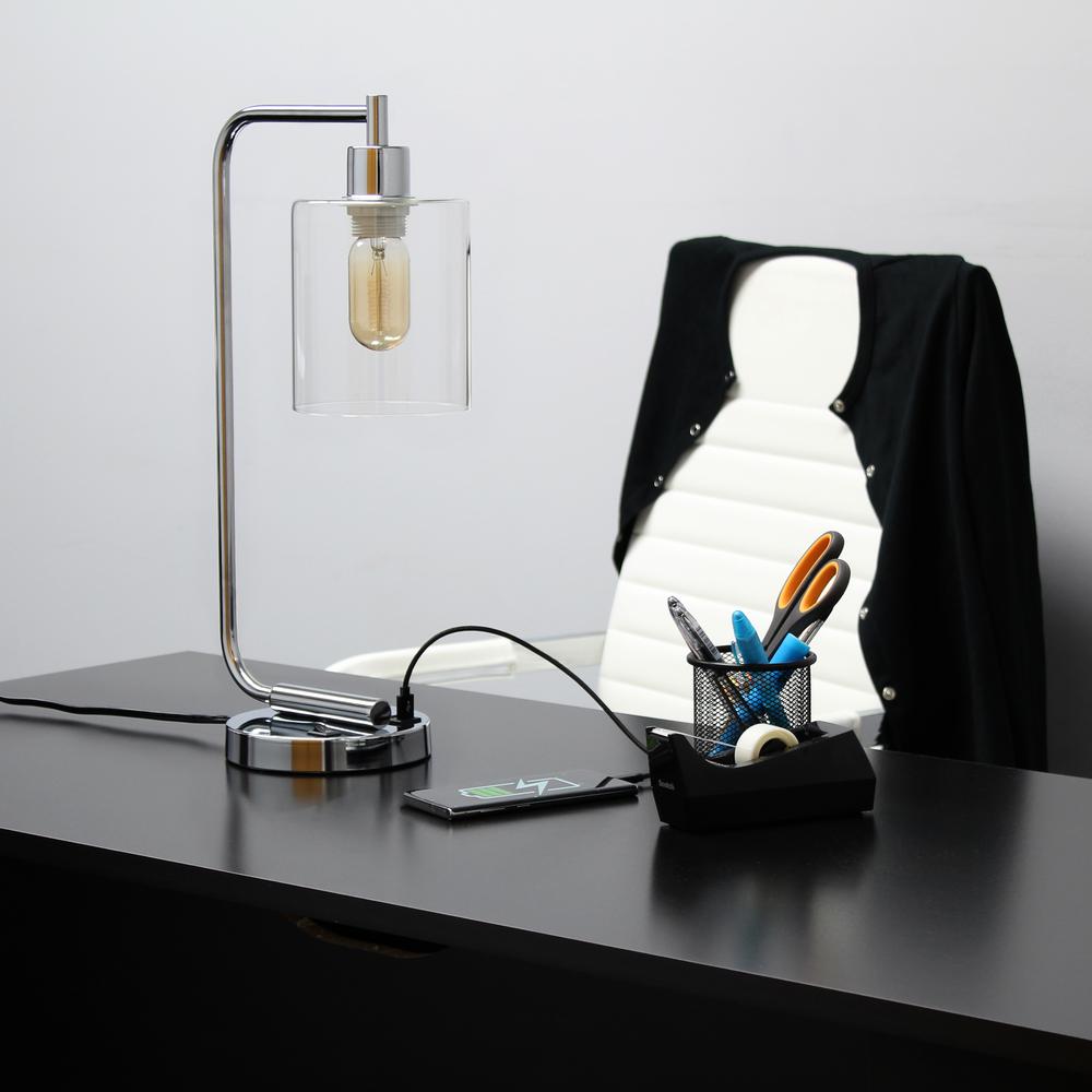 Modern Iron Desk Lamp with USB Port and Glass Shade, Chrome. Picture 4