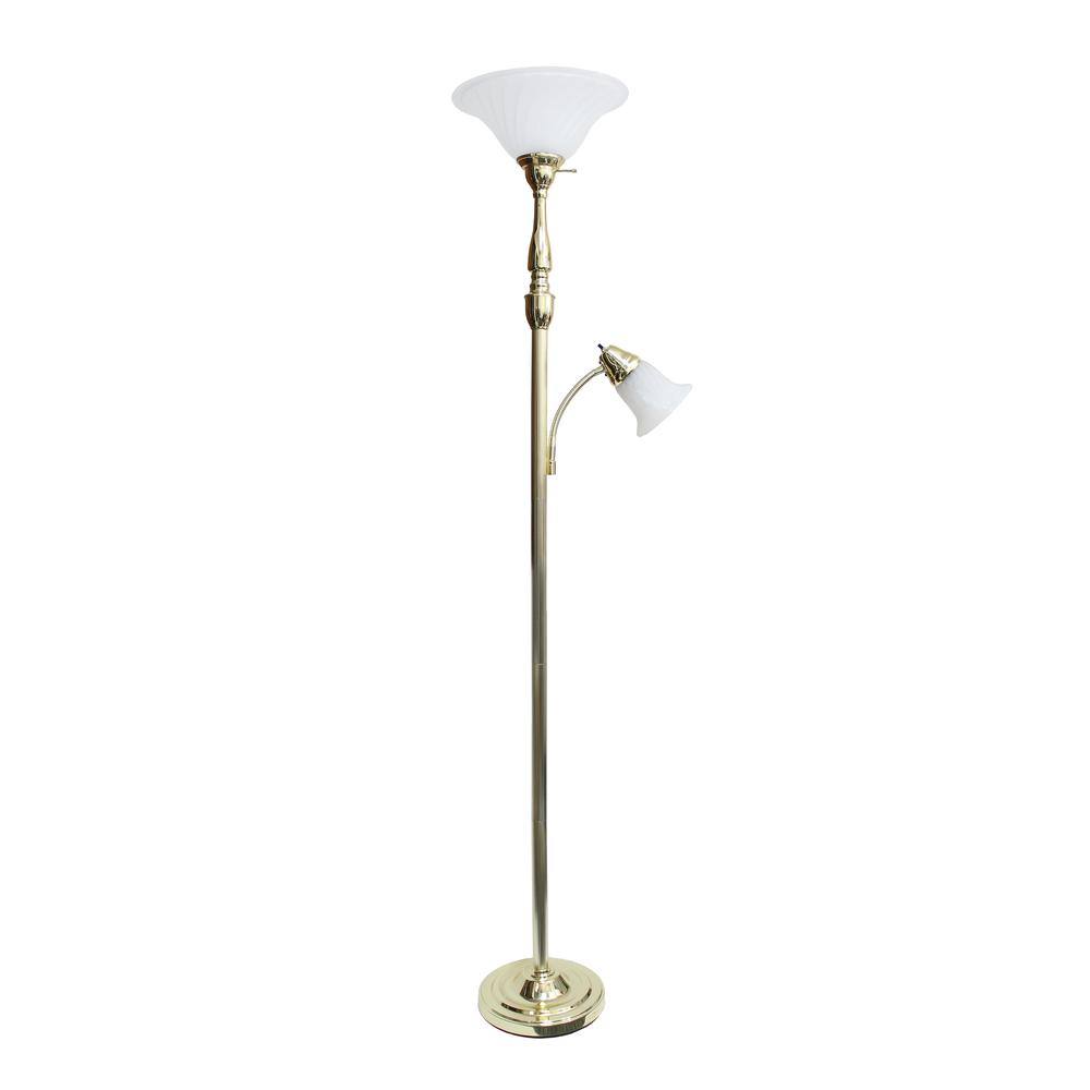 Torchiere Floor Lamp with Reading Light and Marble Glass Shades, Gold. Picture 1