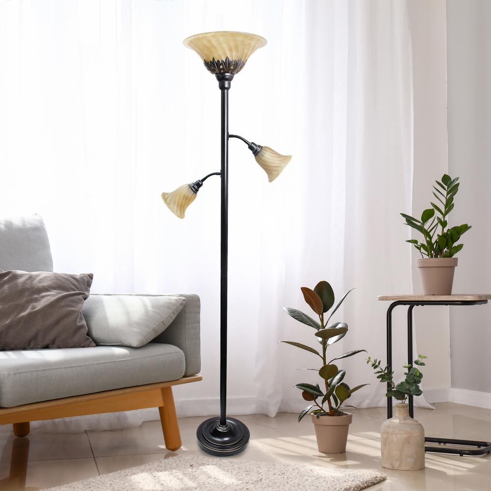 Torchiere Floor Lamp with 2 Reading Lights and Scalloped Glass Shades. Picture 4