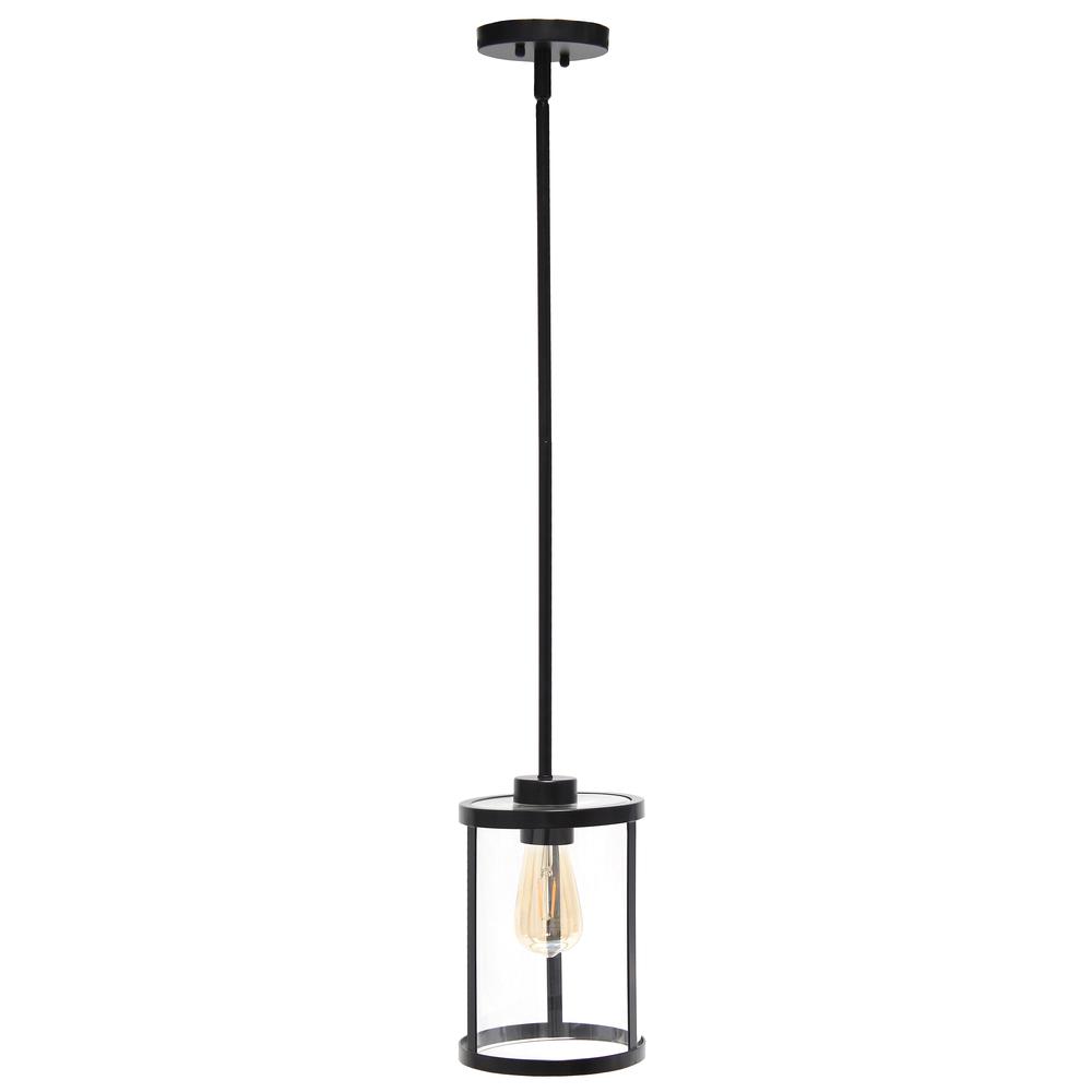 9.25" Modern 1-Light Metal and Clear Hanging Ceiling Pendant, Black. Picture 10
