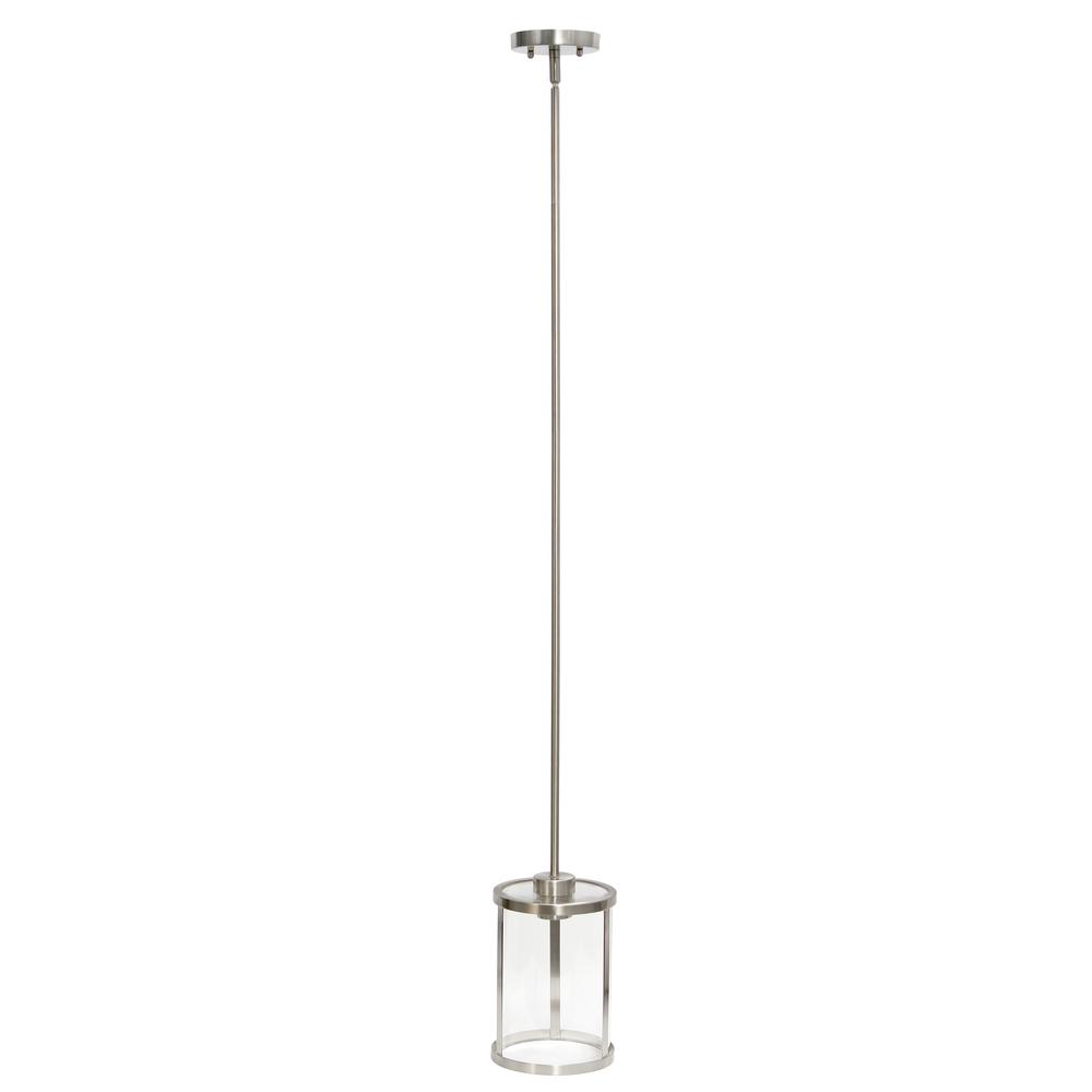 9.25" Modern 1-Light Metal and Clear Hanging Ceiling Pendant, Brushed Nickel. Picture 8