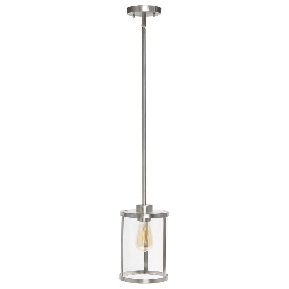 9.25" Modern 1-Light Metal and Clear Hanging Ceiling Pendant, Brushed Nickel. Picture 11