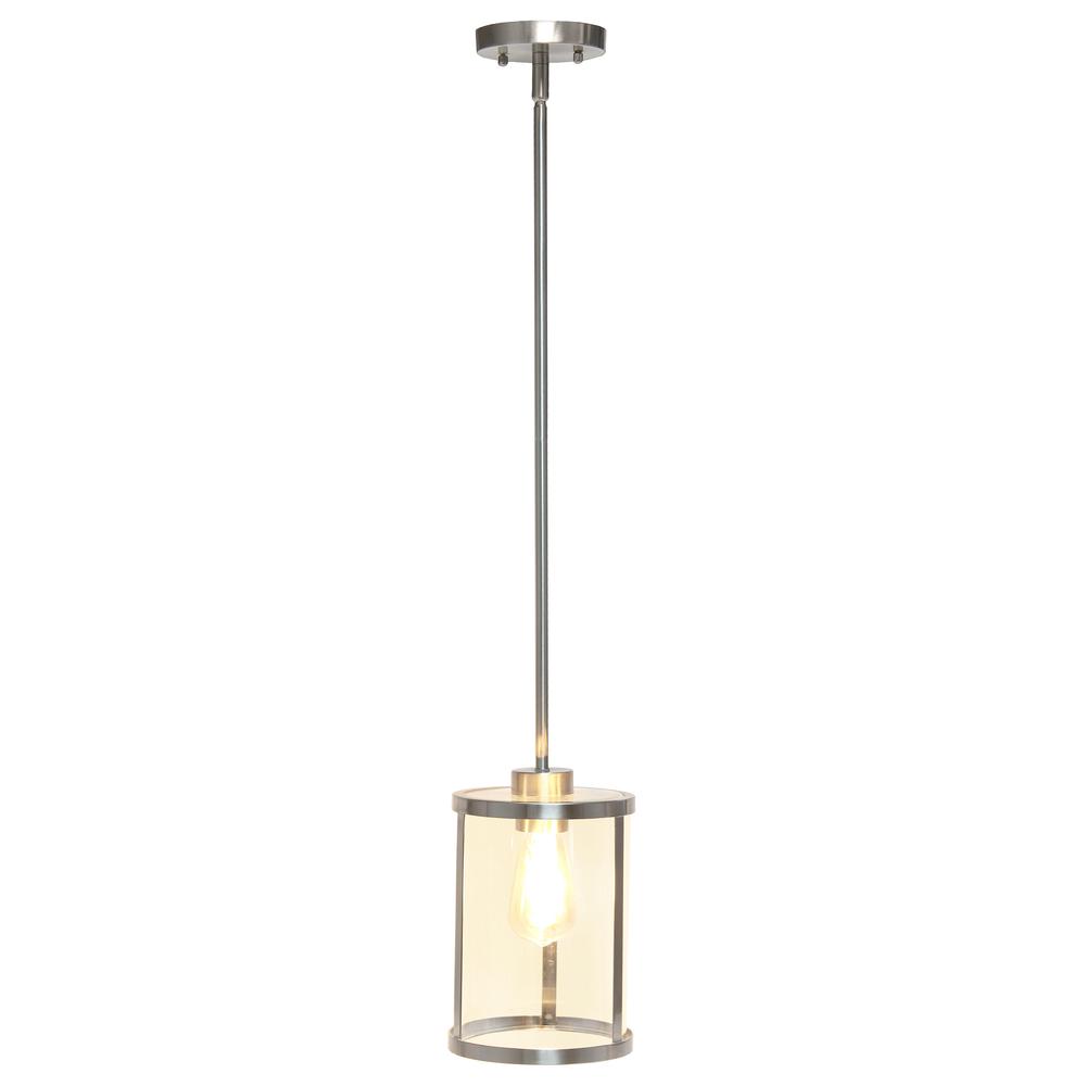 9.25" Modern 1-Light Metal and Clear Hanging Ceiling Pendant, Brushed Nickel. Picture 1