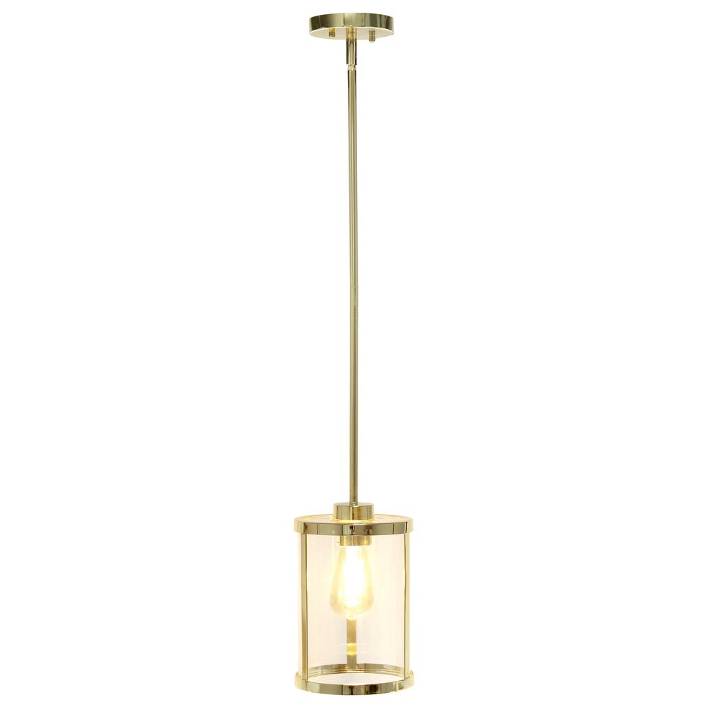9.25" Modern 1-Light Metal and Clear Hanging Ceiling Pendant, Gold. Picture 1