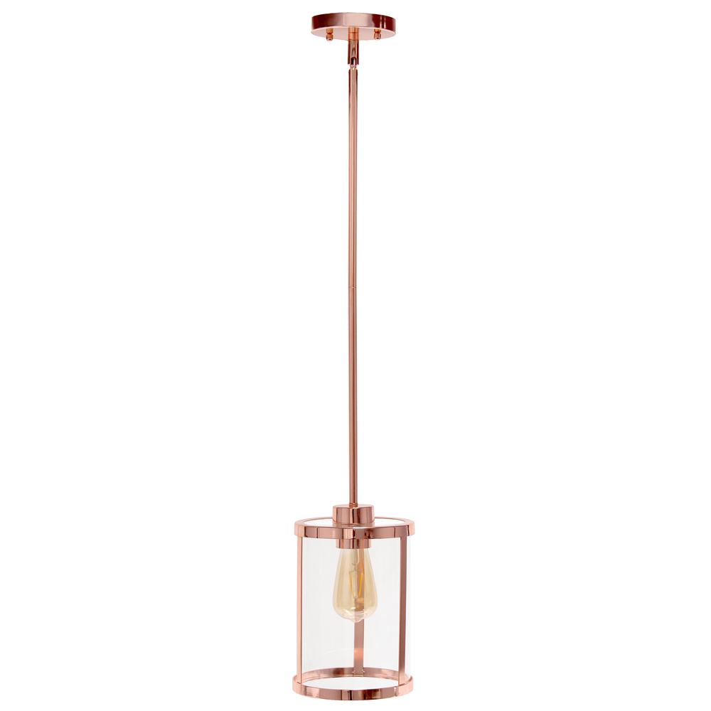 9.25" Modern 1-Light Metal and Clear Ceiling Pendant, Rose Gold. Picture 11