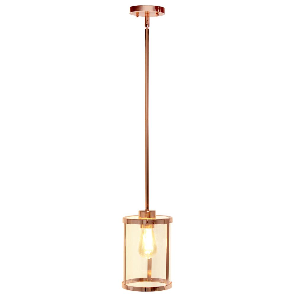 9.25" Modern 1-Light Metal and Clear Ceiling Pendant, Rose Gold. Picture 1
