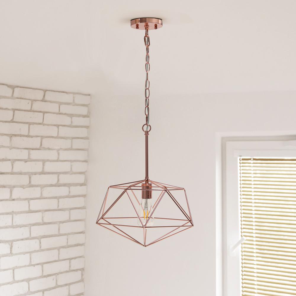 16" Wire Cage Hanging Ceiling 1 Light Fixture, Rose Gold. Picture 3